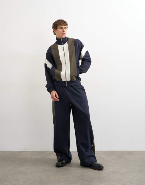 Topman – Trainingsjacke und Jogginghose aus Pikee in Marineblau mit Bahnendesign - view 1