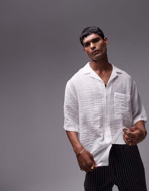 Topman – Transparentes, kurzärmliges Urlaubshemd in Weiß