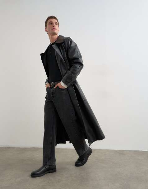 Topman trench long en cuir noir - view 1