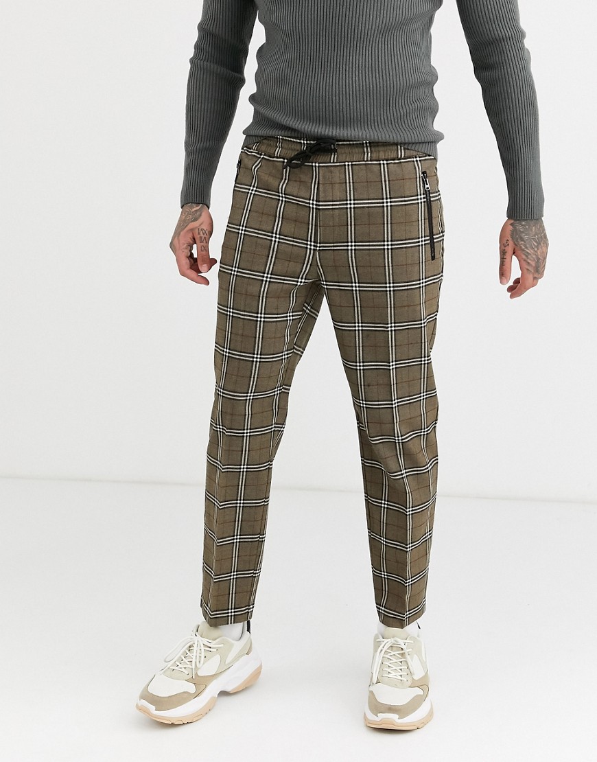 Topman trousers in brown heritage check-Grey