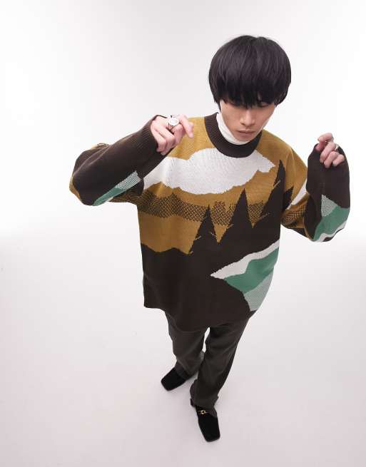 Topman - Trui met grafisch landschap in bruin