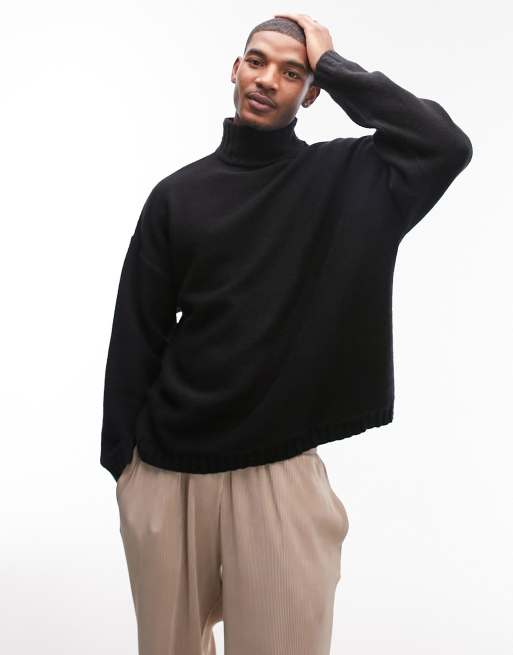 Topman - Trui met kabeldetail en hoge hals in zwart