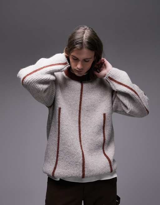 Topman - Trui met ronde halslijn en contrasterende naden in bruin