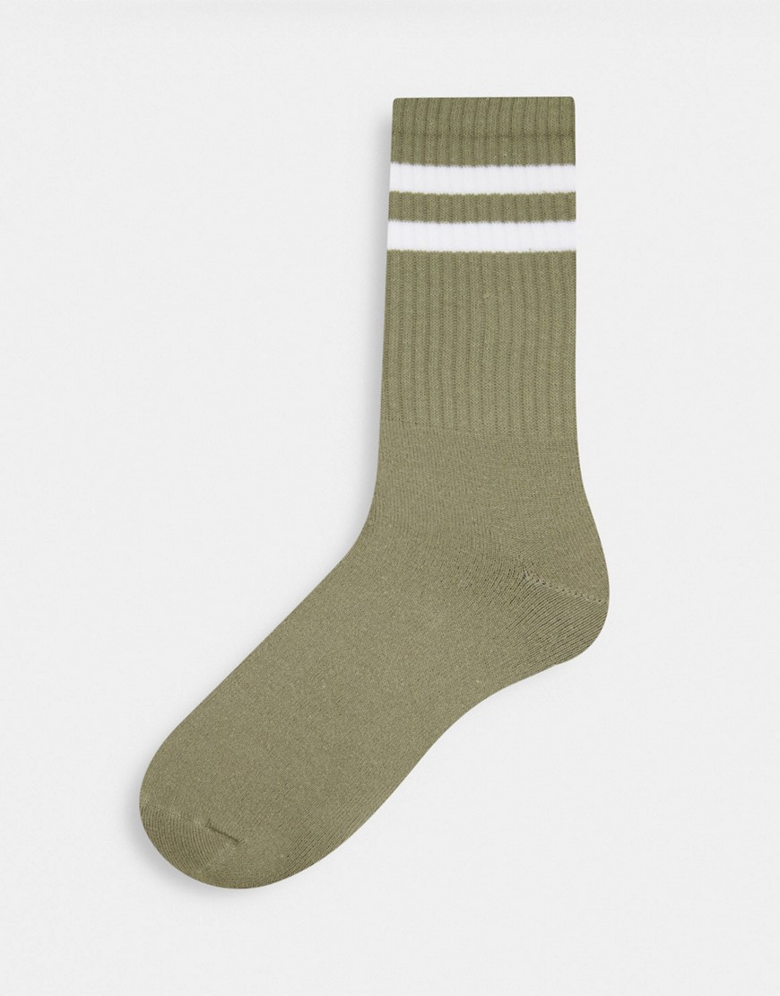 Topman tube socks in khaki with white stripes-Green