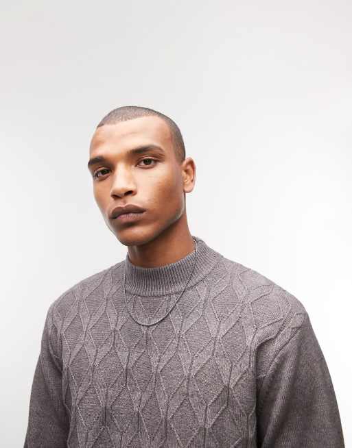 Topman turtleneck knitted jumper with knitted design in grey