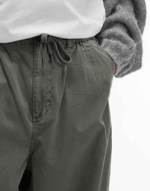 Topman twill oversized crop trousers in khaki - KHAKI, 2 of 5