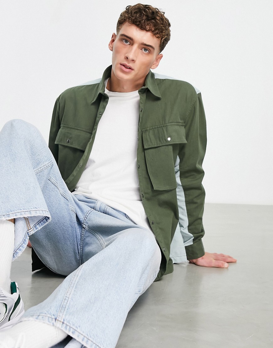 Topman twill shirt with nylon color block in khaki and blue-Green
