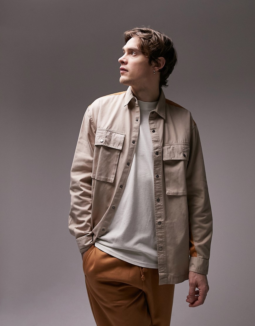 Topman twill shirt with nylon color block in stone and orange-Neutral
