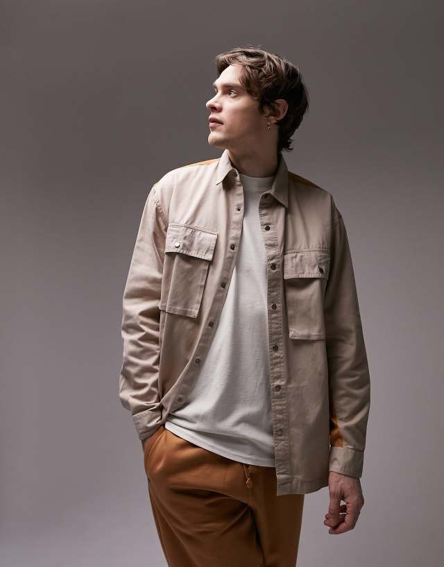 Topman twill shirt with nylon color block in stone and orange