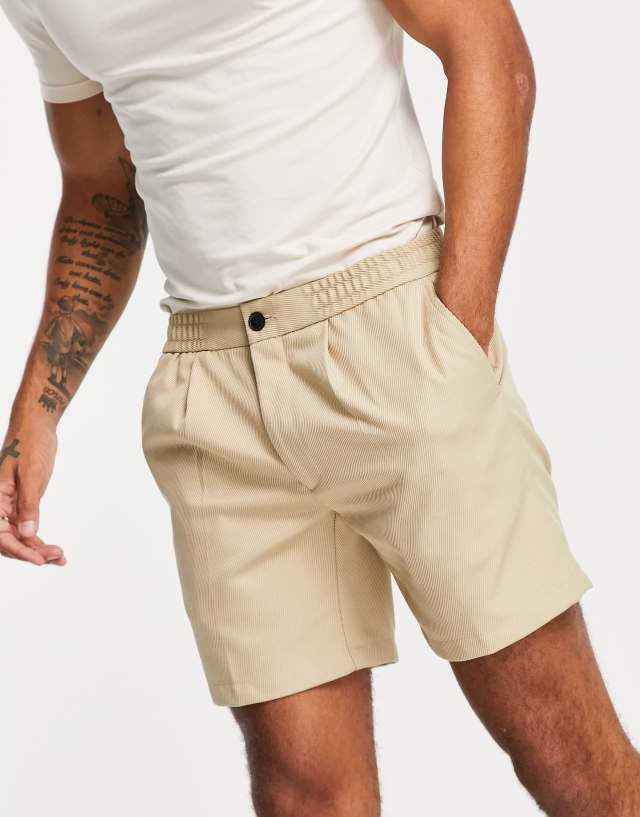 Topman twill slim pleat shorts in stone