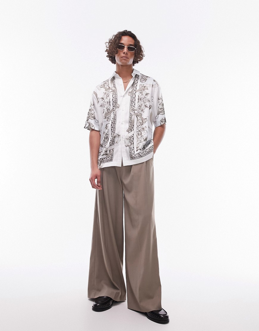 Topman twin pleat baggy smart trouser in stone-Neutral