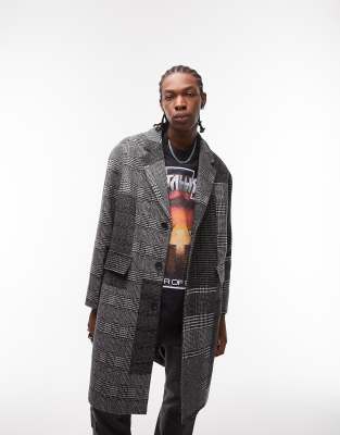 Topman Oversized Overcoat In Mono Plaid-multi