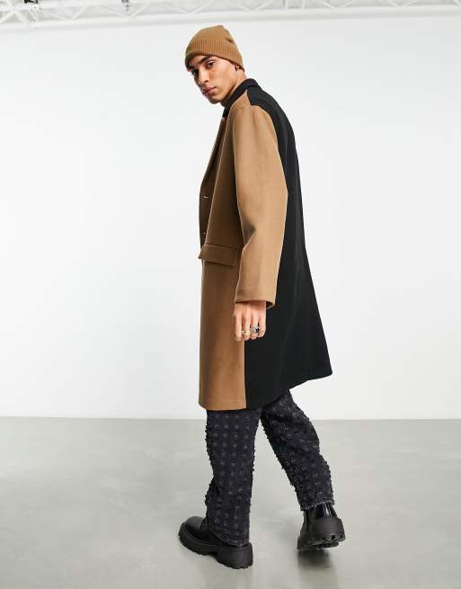 Topman unlined over coat with color block in stone and black | ASOS