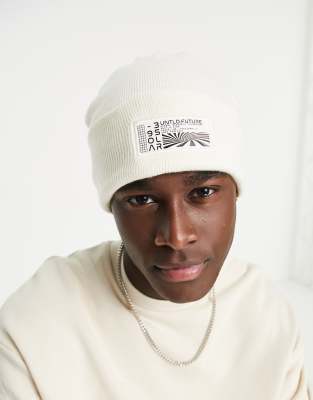 Topman untitled skater beanie in recycled polyester blend in ecru-Neutral