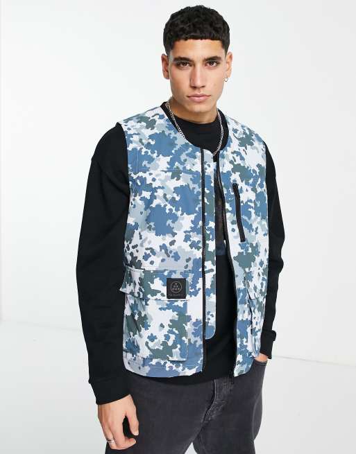 Topman utility gilet in blue camo print 