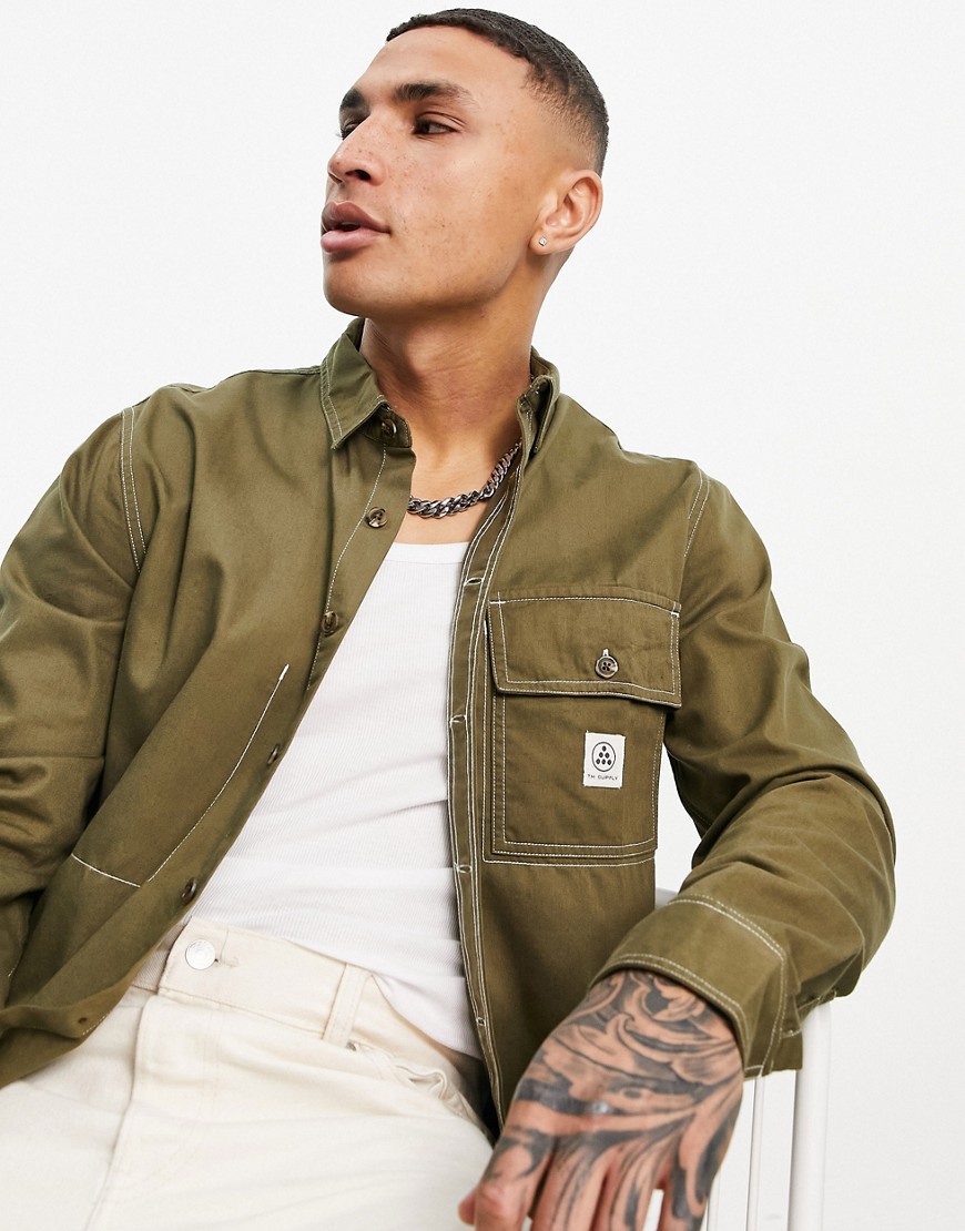 Topman utility shirt with contrast stitching in khaki-Green