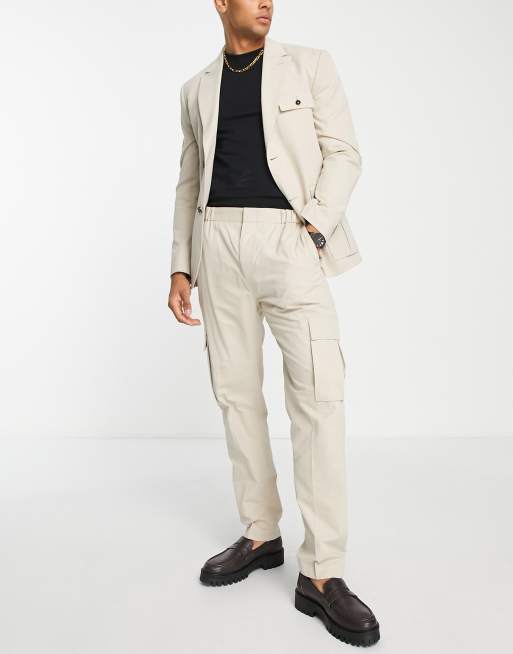 Topman utility smart cargo suit pants in ecru