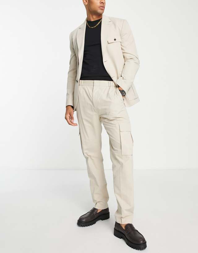 Topman utility smart cargo suit pants in ecru