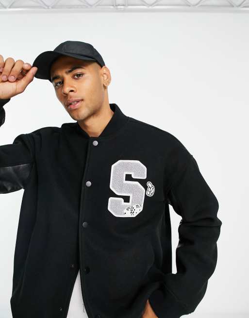 Topman wool mix varsity jacket with faux leather sleeves in black and white