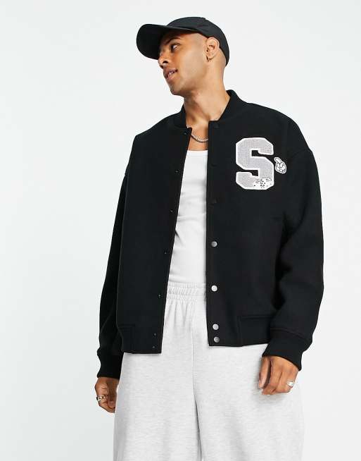 Buy Calvin Klein Men Black Long Sleeve Mix Media Varsity Leather Jacket -  NNNOW.com