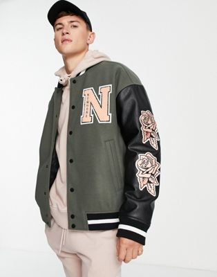 Topman varsity jacket in colour block with collegiate embroidery