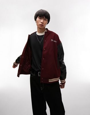Topman varsity jacket with back embroidery in burgundy ASOS