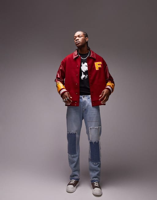 Topman varsity jacket with flames embroidery in burgundy