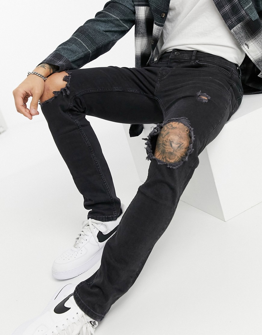 Topman - Vaskede sorte skinny-jeans med ekstreme flænger i økologisk bomuldsblanding