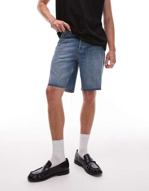Topman - Vasket mellemblå denimshorts med lige ben og rå sømkanter, 2 af 5