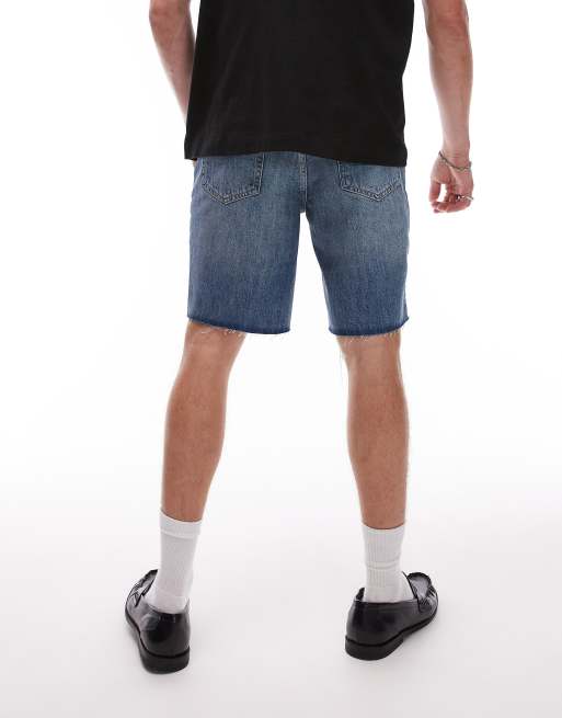 Topman - Vasket mellemblå denimshorts med lige ben og rå sømkanter, 4 af 5