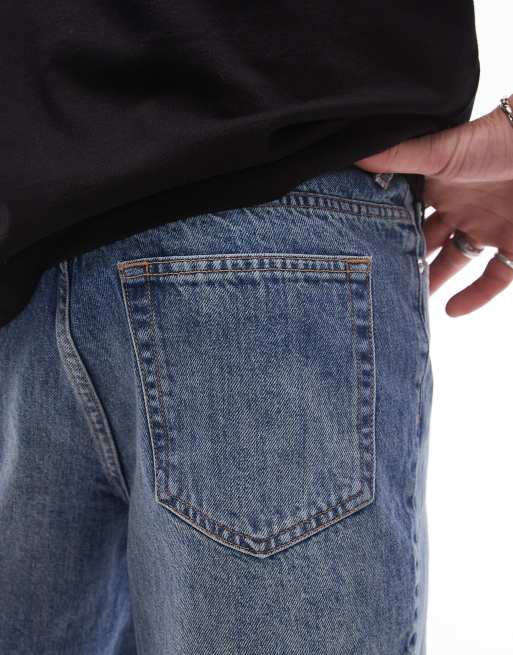 Topman - Vasket mellemblå denimshorts med lige ben og rå sømkanter, 5 af 5