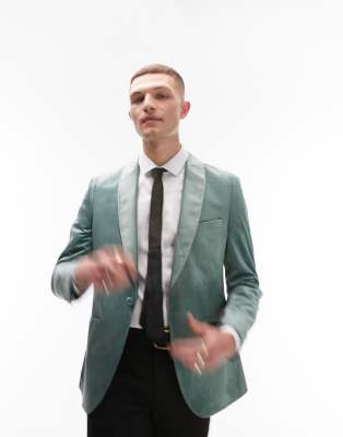 Topman Velvet Blazer In Green