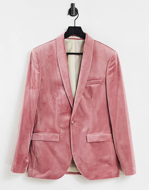 Topman skinny single breasted suit jacket in pink velvet
