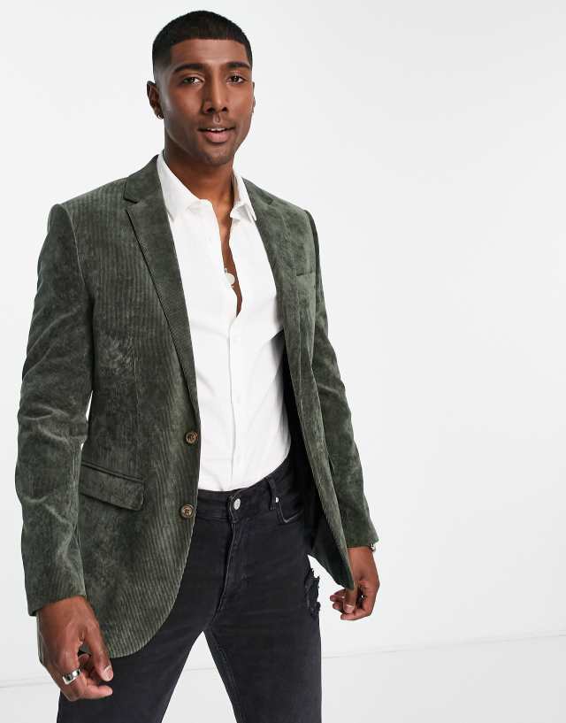 Topman velvet cord suit jacket in green