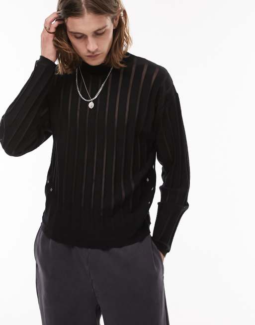 Topman vertical stripe sheer sweater in black