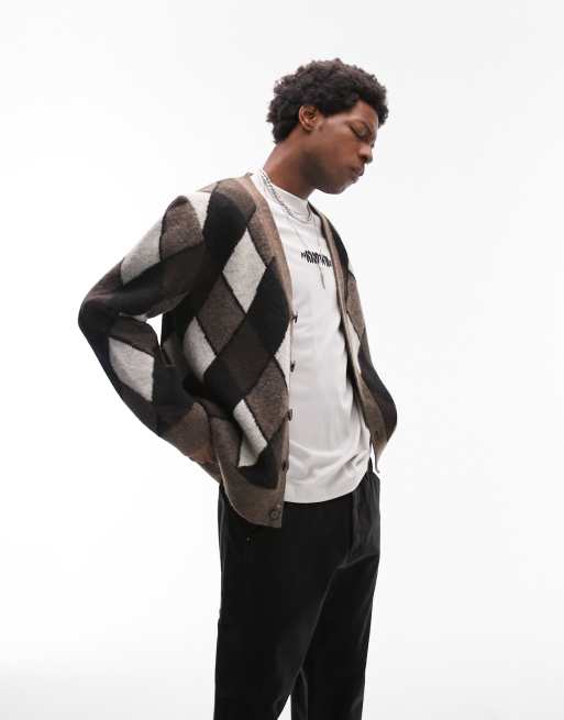 Topman - Vest met handgetekend Argyle-motief in bruin