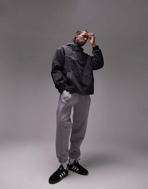 Topman - Veste à capuche en imitation peau de mouton - Noir et anthracite