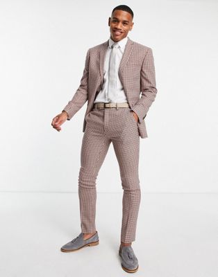 Topman mini check skinny jacket in brown - ASOS Price Checker