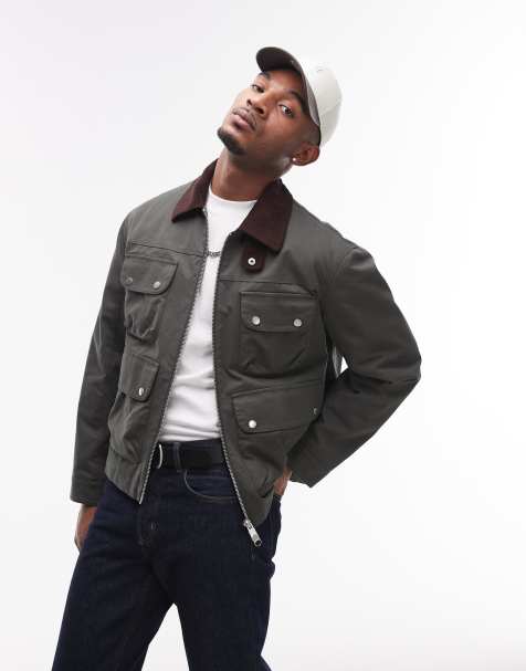 Topman - Veste aspect ciré avec col en velours côtelé - Vert - view 1