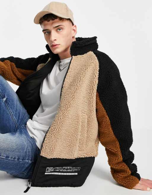 Topman - Veste color block à col cheminée imitation peau de mouton - Camel et noir
