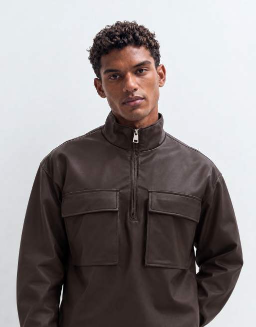 Topman veste coupe oversize zippée 1/4 à col cheminée marron, 10 de 10