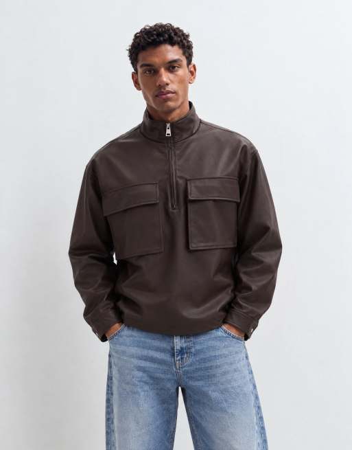 Topman veste coupe oversize zippée 1/4 à col cheminée marron, 6 de 10