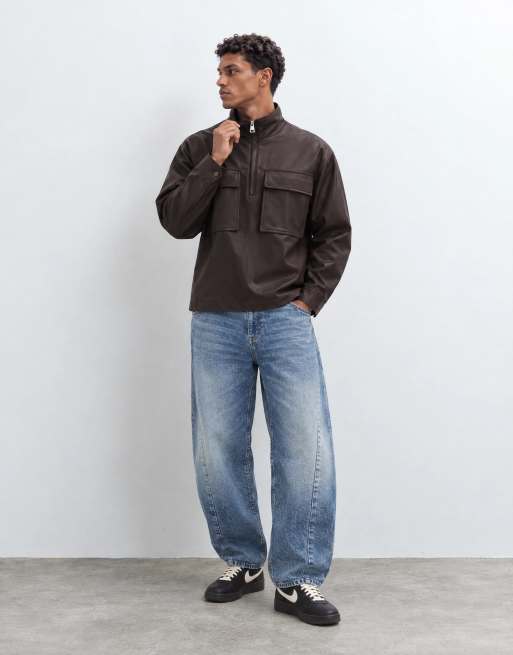 Topman veste coupe oversize zippée 1/4 à col cheminée marron, 7 de 10