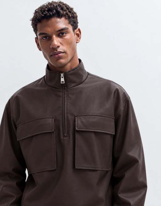 Topman veste coupe oversize zippée 1/4 à col cheminée marron, 9 de 10