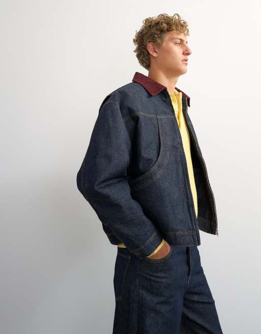 Topman veste en jean matelassée coupe oversize avec col en velours côtelé brut, 2 de 5