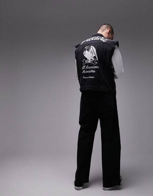 Topman - Veste en jean oversize sans manches avec broderie Free Bird au dos - Noir, 2 de 4