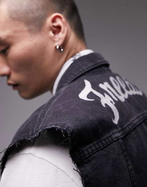 Topman - Veste en jean oversize sans manches avec broderie Free Bird au dos - Noir, 3 de 4