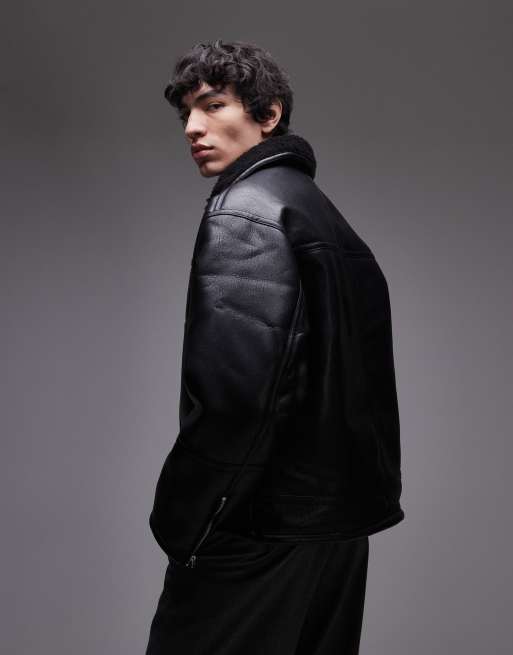 Topman - Veste en similicuir et imitation peau de mouton avec poches - Noir, 3 de 4