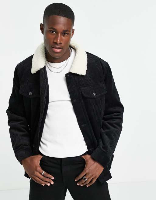 Topman - Veste en velours côtelé avec col imitation peau de mouton - Noir