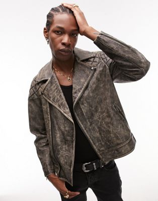 Topman distressed quilted leather jacket in black - ASOS Price Checker